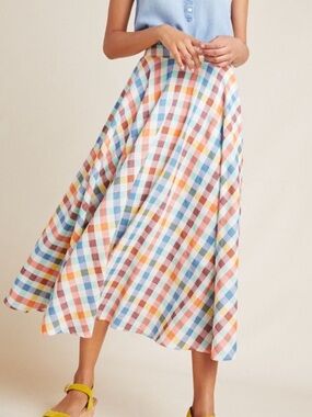 Anthropologie Maeve Evelyn Midi Skirt Size 8 A-Line Plaid Checkered White Red